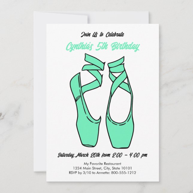 Invitación de cumpleaños de ballet verde minimalis (Anverso)