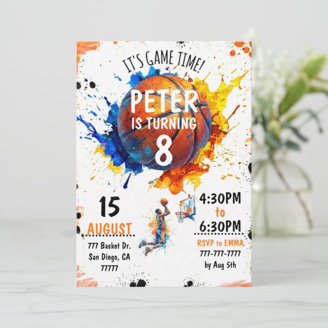 Invitación de cumpleaños de baloncesto con acuarel (Anverso de pie)