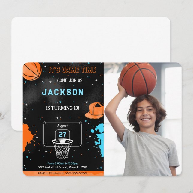 Invitación de cumpleaños de baloncesto editable co (Anverso / Reverso)