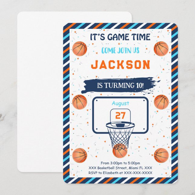 Invitación de cumpleaños de baloncesto naranja (Anverso / Reverso)