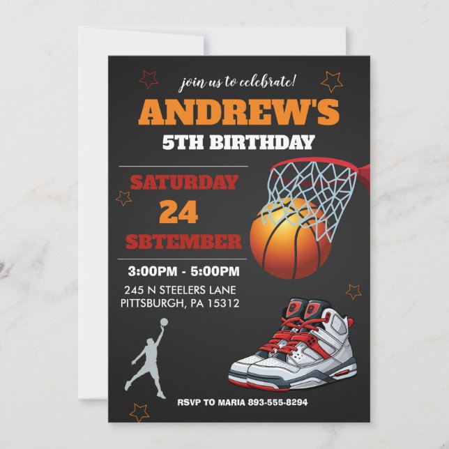 Invitación de cumpleaños de baloncesto naranja neg (Anverso)