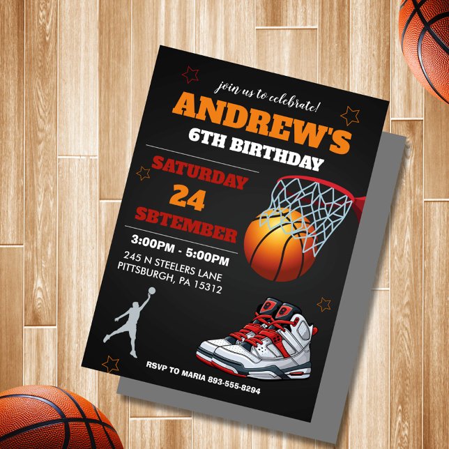 Invitación de cumpleaños de baloncesto naranja neg (modern black and orange bascketball birthday invitation)