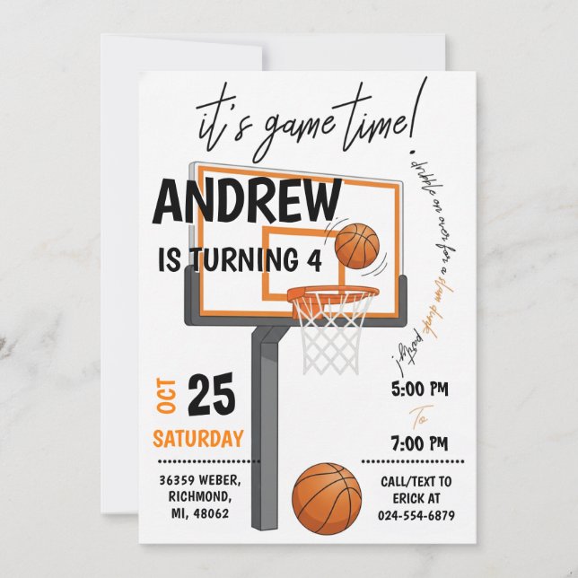 Invitación de Cumpleaños de Baloncesto Personal (Anverso)