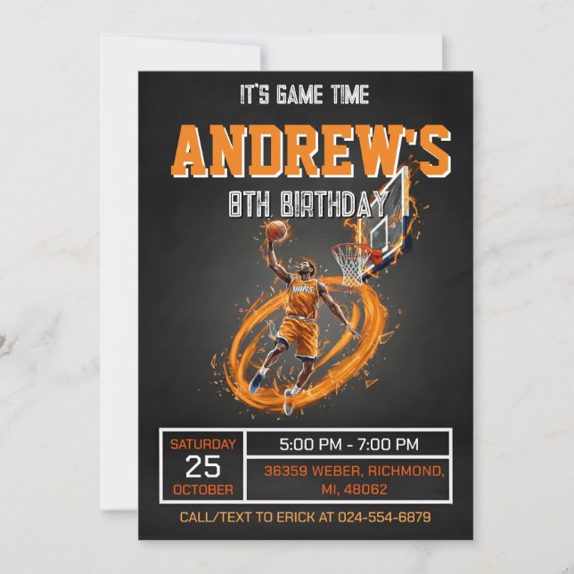 Invitación de Cumpleaños de Baloncesto Personal (Anverso)