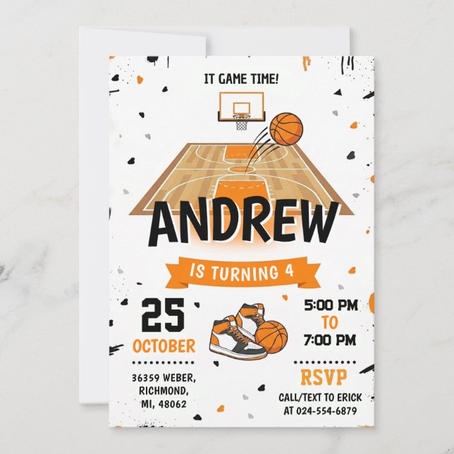 Invitación de Cumpleaños de Baloncesto Personaliza (Anverso)