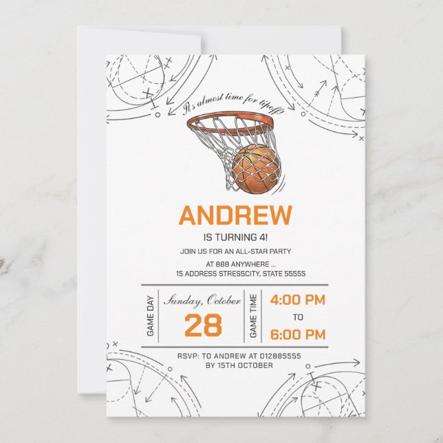 Invitación de cumpleaños de baloncesto personaliza (Anverso)