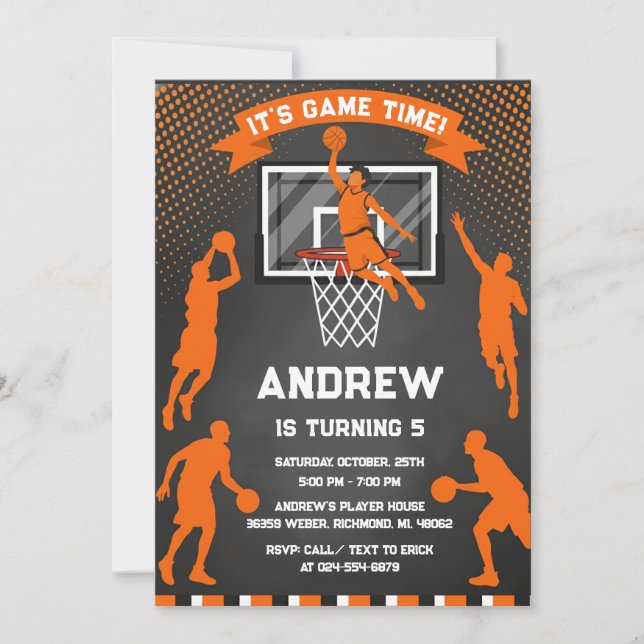 Invitación de cumpleaños de baloncesto personaliza (Anverso)