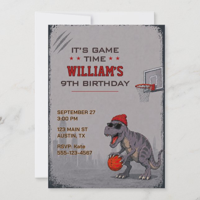 Invitación de cumpleaños de Baloncesto T-Rex (Anverso)