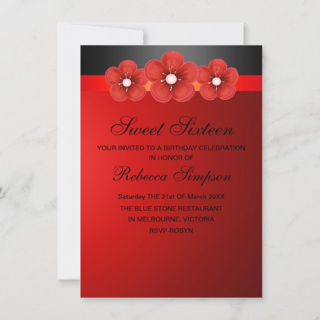 Invitación de cumpleaños de banda de flores rojas  (Anverso)