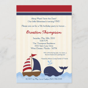 Invitación de cumpleaños de barco ballena náutica