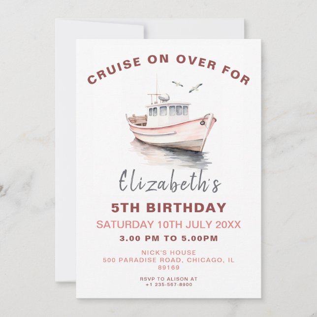 Invitación de cumpleaños de barco editable - Chica (Anverso)
