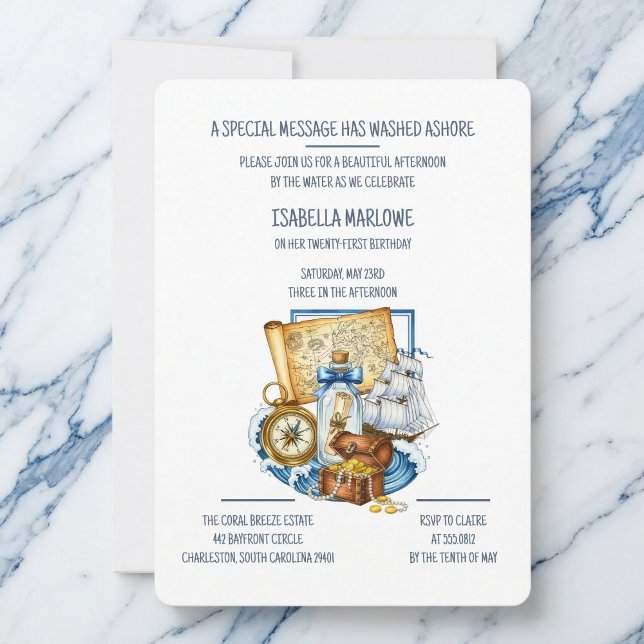 Invitación de cumpleaños de Barco Mapa del Cofre d (Map out party.)