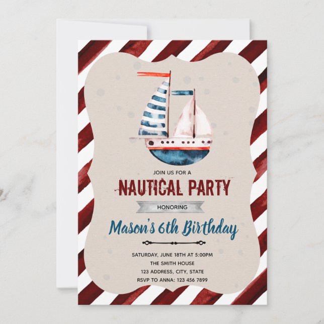 Invitación de cumpleaños de barco náutico (Anverso)