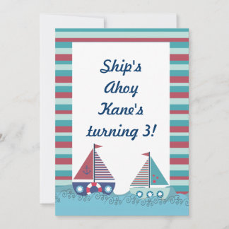 Invitación de cumpleaños de barco náutico azul roj