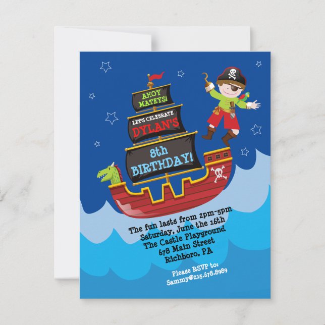 Invitación de cumpleaños de barco pirata (Anverso)