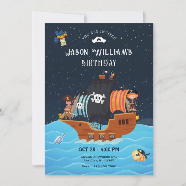 Invitación de cumpleaños de Barco Pirata (Anverso)