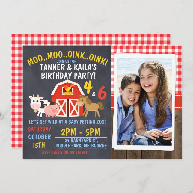 Invitación de cumpleaños de Barnyard Chalkboard (Anverso / Reverso)