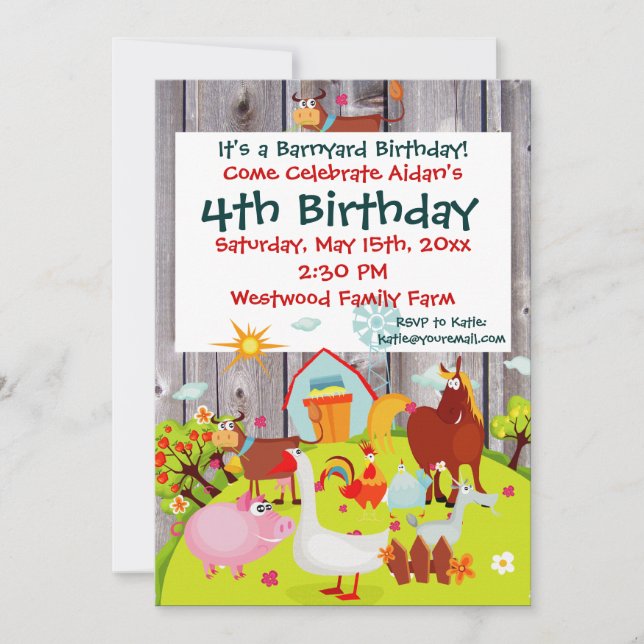 Invitación de cumpleaños de Barnyard Farm Animals  (Anverso)