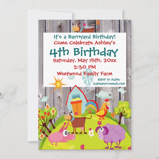Invitación de cumpleaños de Barnyard Farm Animals  (Anverso)