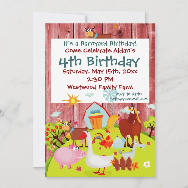 Invitación de cumpleaños de Barnyard Farm Animals  (Anverso)