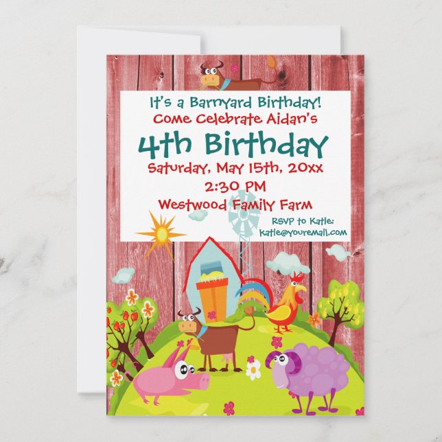 Invitación de cumpleaños de Barnyard Farm Animals  (Anverso)