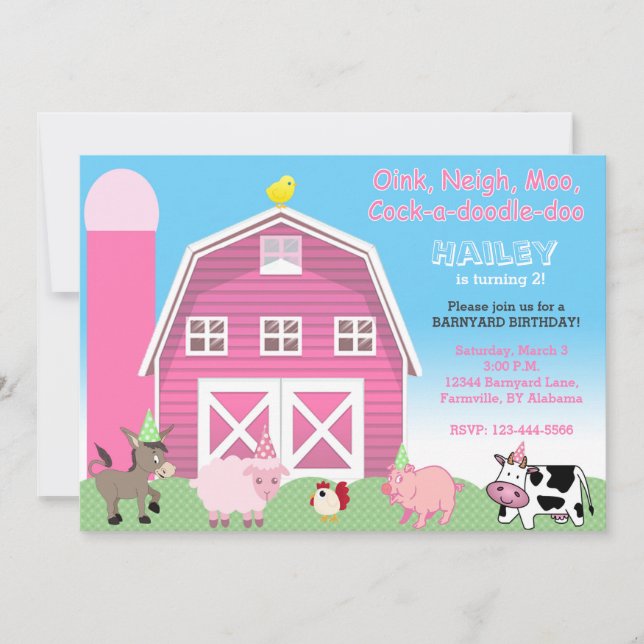 Invitación de cumpleaños de Barnyard rosa | Invita (Anverso)