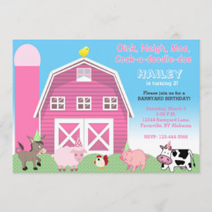 Invitación de cumpleaños de Barnyard rosa   Invita