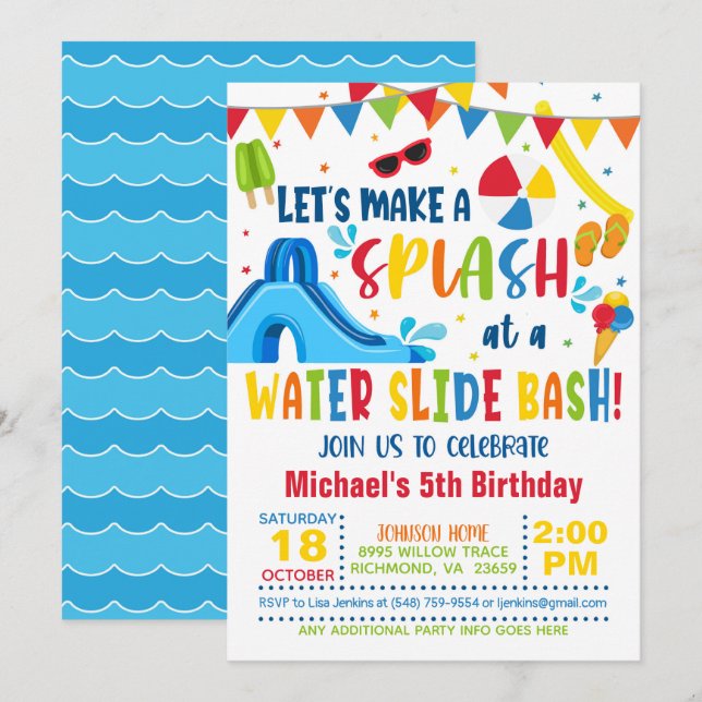 Invitación de cumpleaños de Bash de tobogán de agu (Anverso / Reverso)