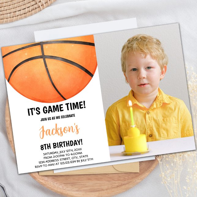 Invitación de cumpleaños de básquetbol con foto (Half watercolor Basketball Invitations with photo)