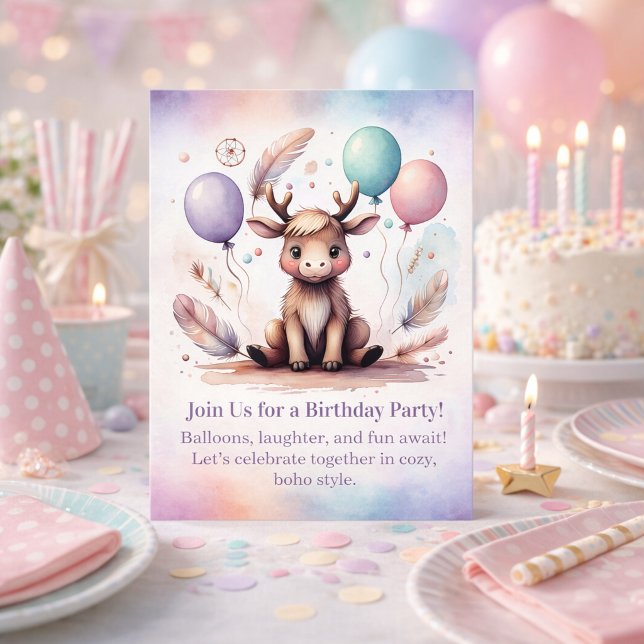 Invitación de cumpleaños de bebé alce lindo estilo (Cute baby Moose Birthday Invitation Woodland Boho)