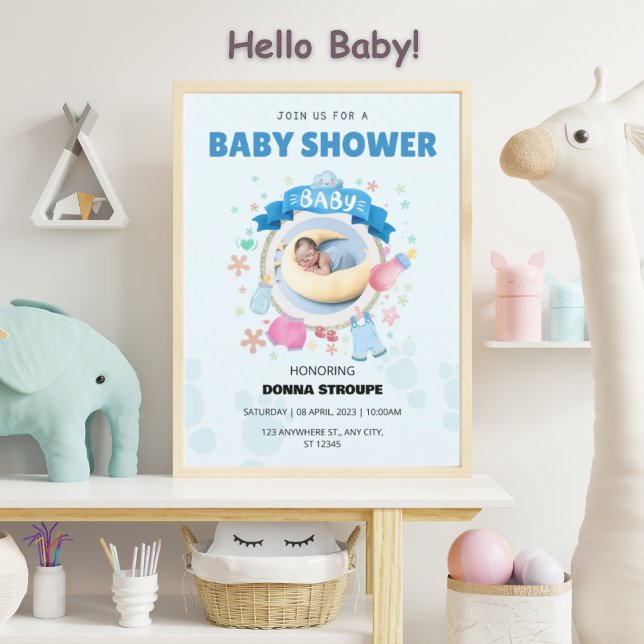 Invitación de Cumpleaños de Bebé Azul Adorable con (Subido por el creador)
