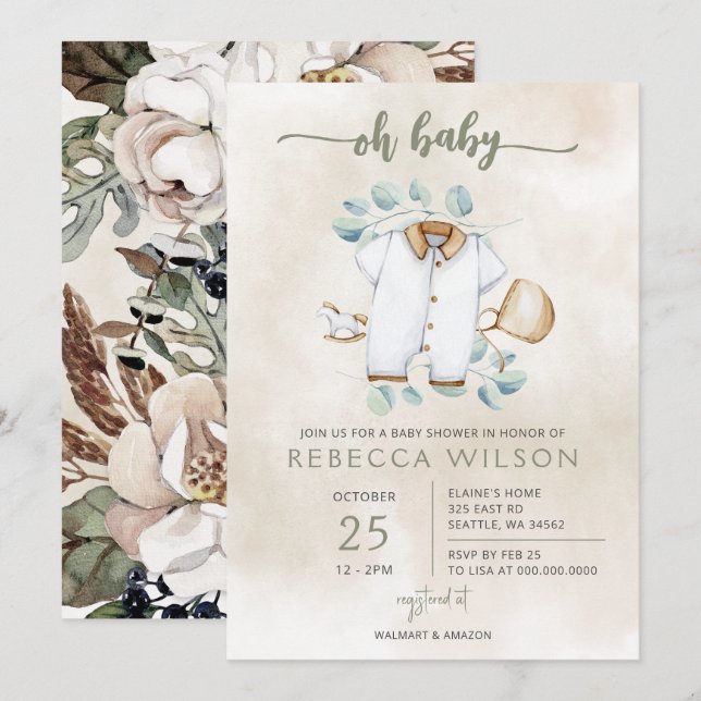 Invitación de cumpleaños de bebé boho Oh Baby géne (Anverso / Reverso)