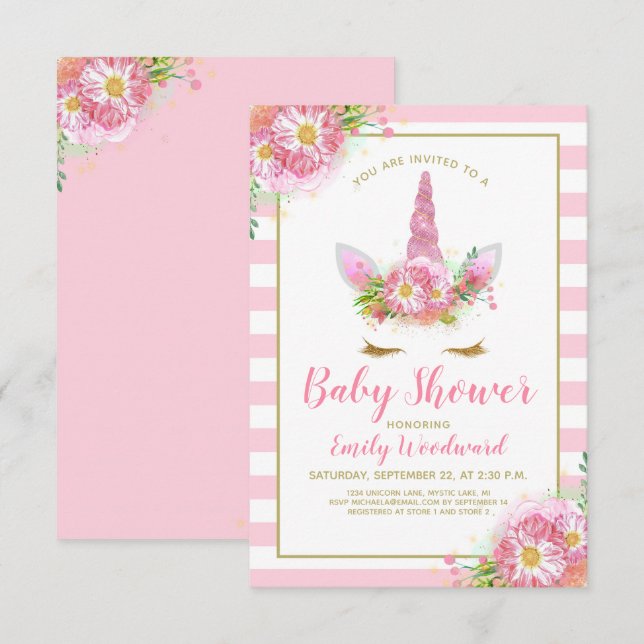 Invitación de Cumpleaños de Bebé Cara de Unicornio (Anverso / Reverso)