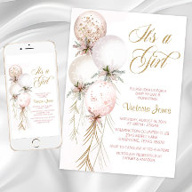 Invitación de Cumpleaños de Bebé con Globo Rosa Ru