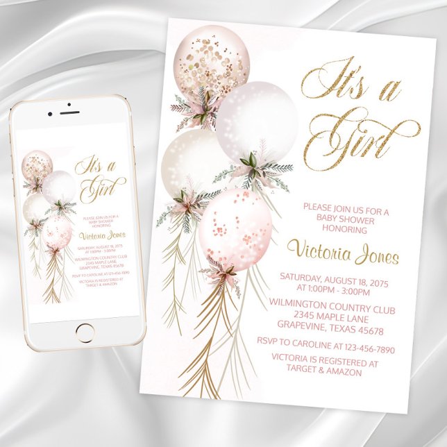 Invitación de Cumpleaños de Bebé con Globo Rosa Ru (Blush pink gold balloon baby shower invitation.)