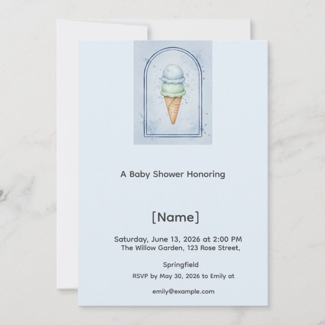 Invitación de Cumpleaños de Bebé con Helado Azul E (Anverso)