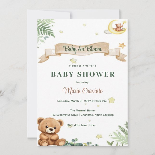Invitación de Cumpleaños de Bebé con Oso de Peluch (Anverso)