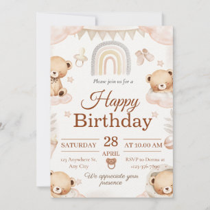 Invitación de cumpleaños de bebé con oso de peluch