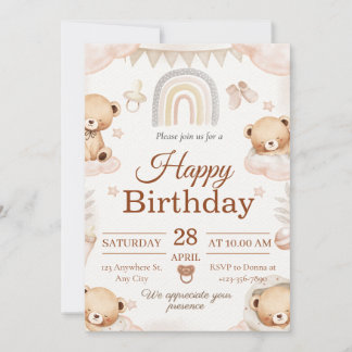 Invitación de cumpleaños de bebé con oso de peluch