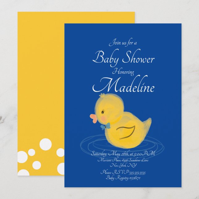 Invitación de Cumpleaños de Bebé con Pato de Goma  (Anverso / Reverso)