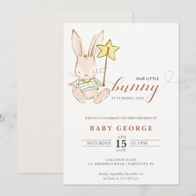 Invitación de cumpleaños de bebé conejo (Anverso / Reverso)