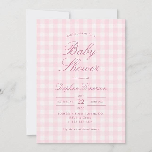 Invitación de Cumpleaños de Bebé de Cuadros Rosado (Anverso)
