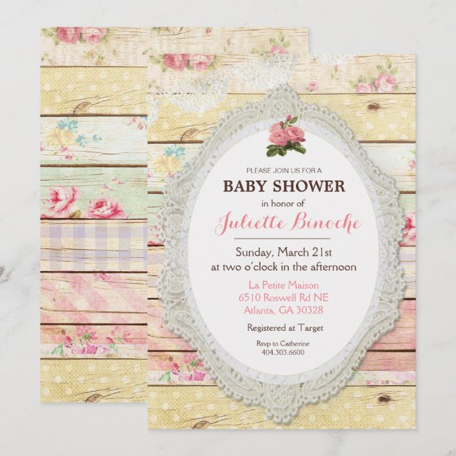 Invitación de Cumpleaños de Bebé de Madera Floral  (Anverso / Reverso)