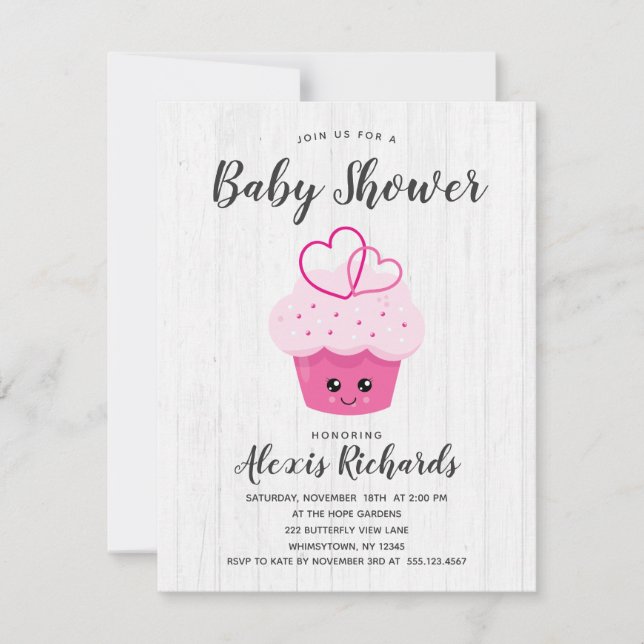 Invitación de Cumpleaños de Bebé Kawaii Cupcake Ro (Anverso)