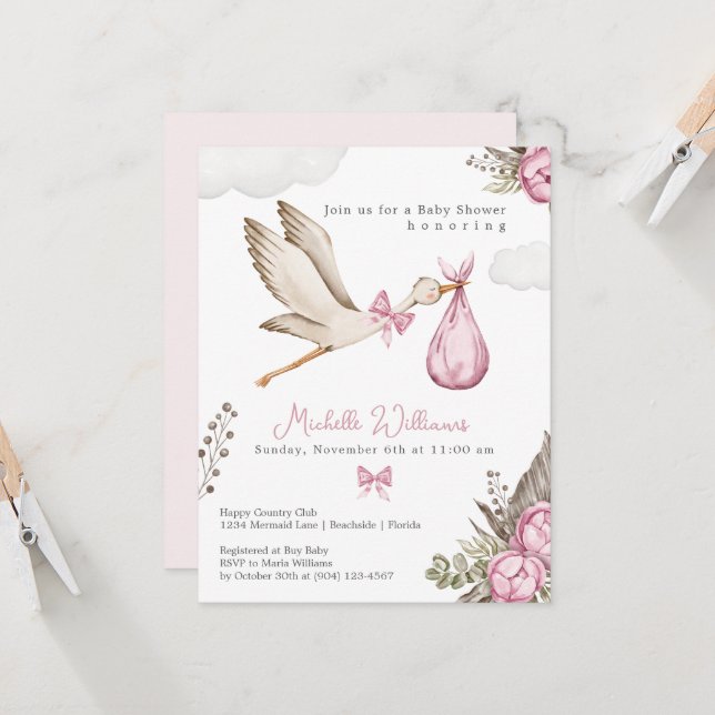 Invitación de Cumpleaños de Bebé Niña Rosa con Cig (Anverso/Reverso In Situ)