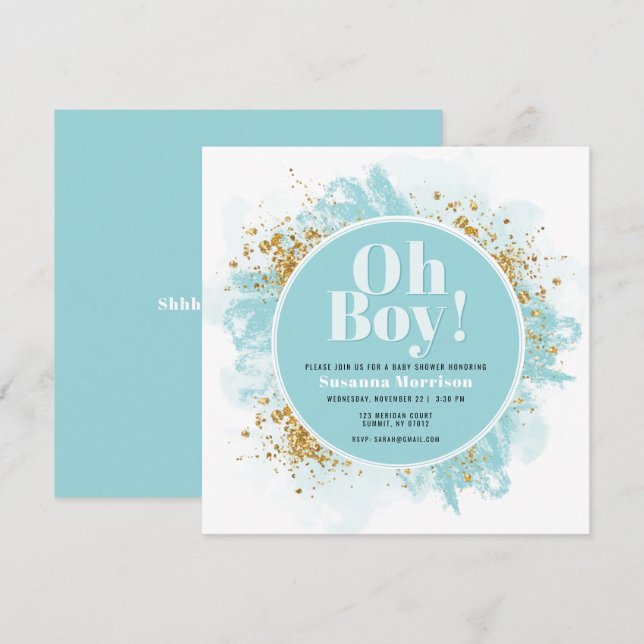 Invitación de cumpleaños de bebé niño con brillo m (Anverso / Reverso)
