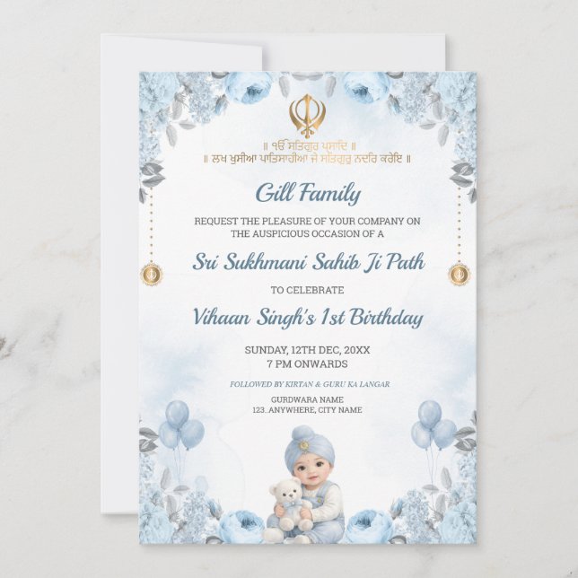 Invitación de cumpleaños de bebé niño con Sukhmani (Anverso)
