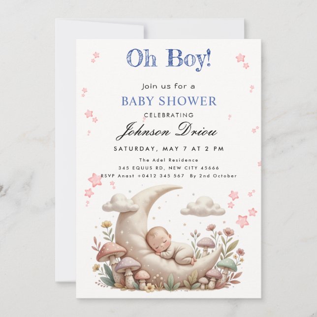 Invitación de Cumpleaños de Bebé Niño Luna Bosque  (Anverso)