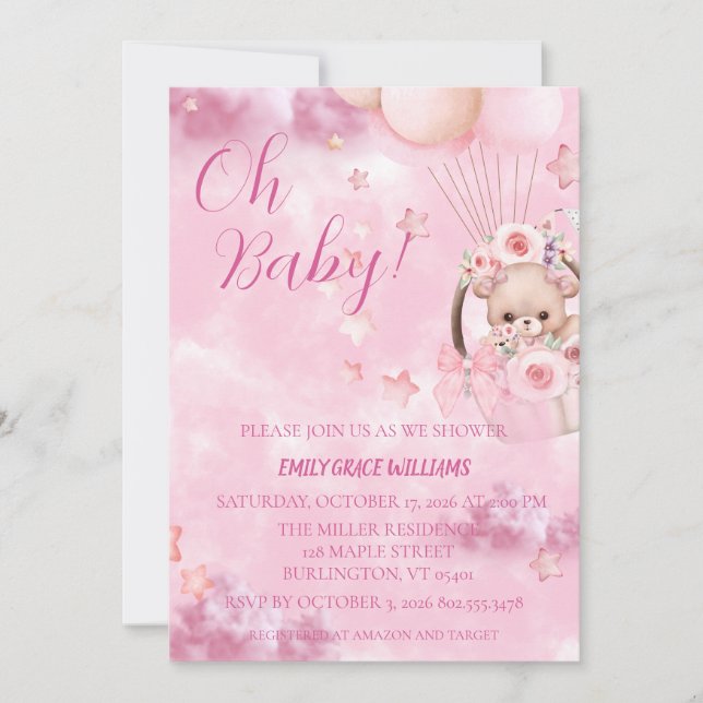 Invitación de Cumpleaños de Bebé Rosa Adorable (Anverso)