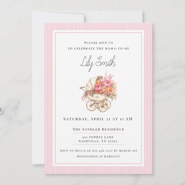 Invitación de Cumpleaños de Bebé Rosa con Estilo (Anverso)